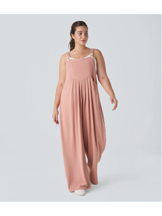 Halara Pants - Halara Waffle Knit Overalls XL Rose Tan Wide Leg Jumpsuit Pockets Casual Boho